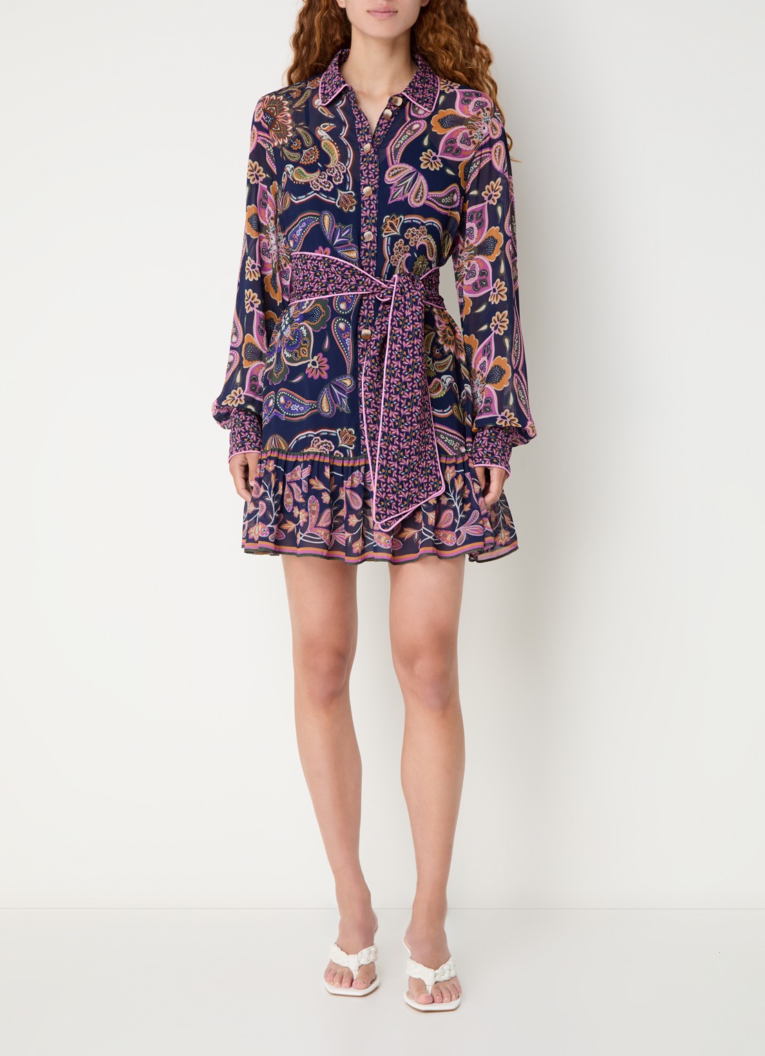 Farm Rio Boho mini tuniekjurk met paisley dessin en strikceintuur - voorkant 4 donkerblauw