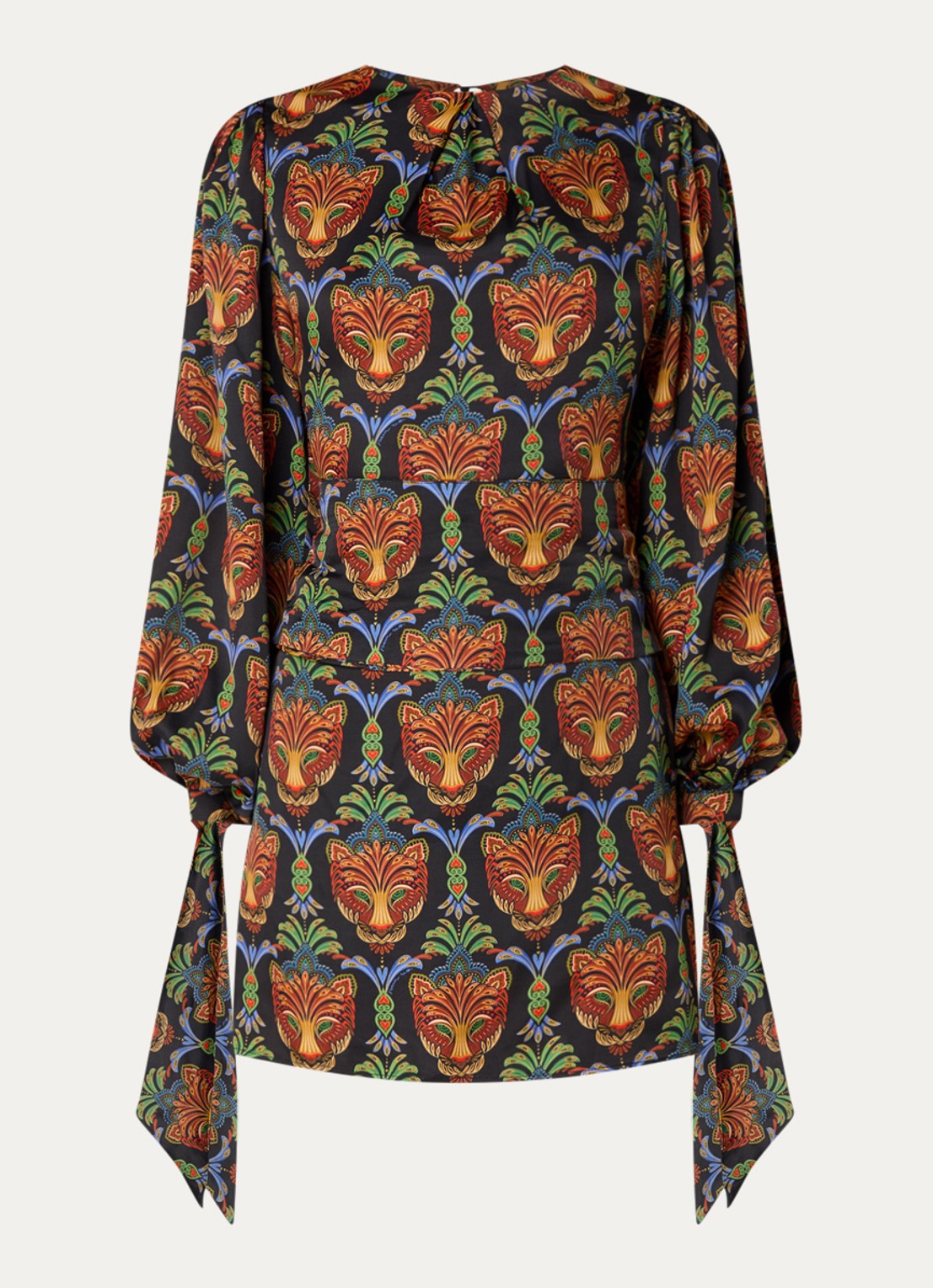 Farm Rio Boho mini tuniekjurk met print en strikceintuur - voorkant 3 zwart