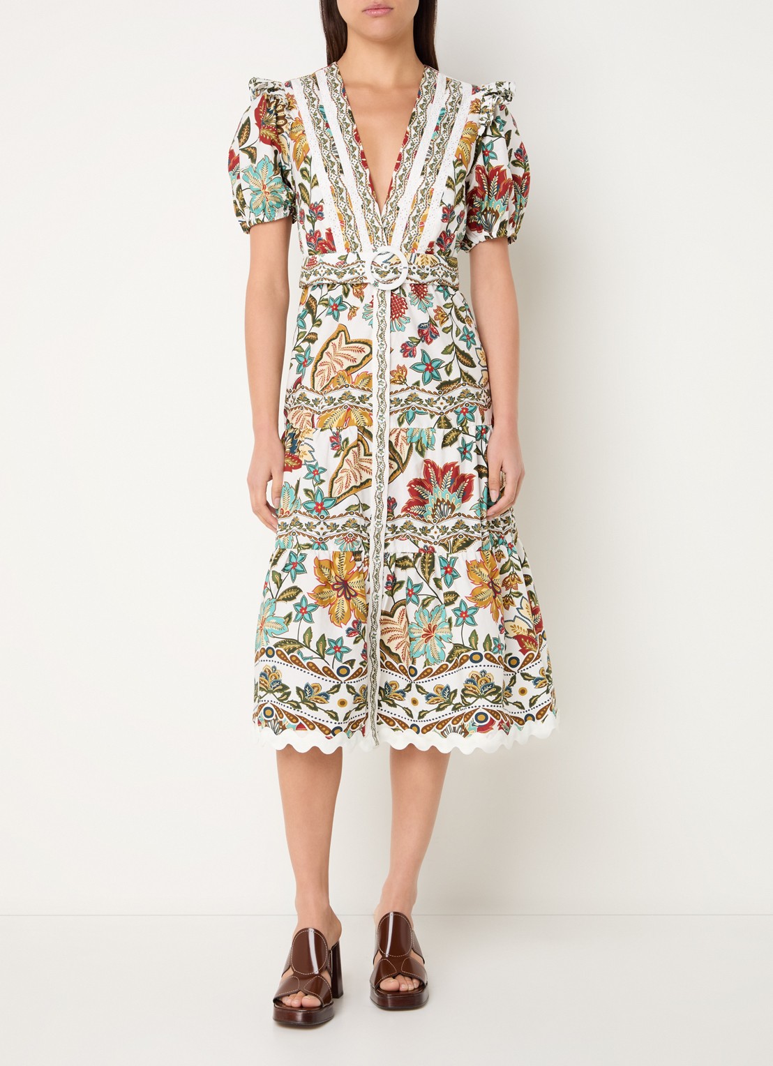 Farm Rio Botanicals midi jurk met bloemenprint en ceintuur - detail 2 gebroken wit