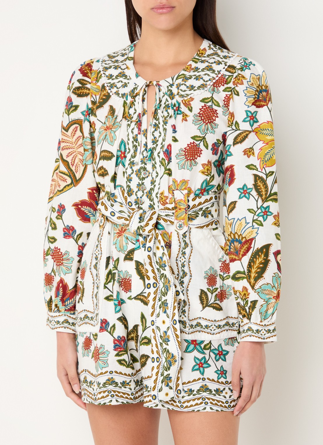 Farm Rio Botanicals straight fit playsuit in linnenblend met print - detail 4 gebroken wit