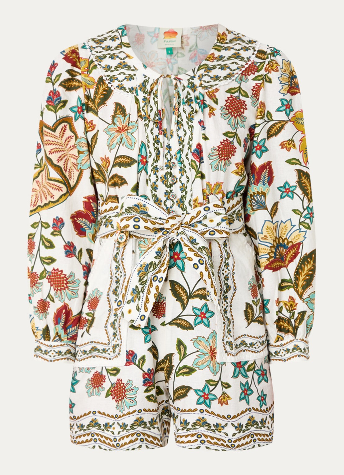 Farm Rio Botanicals straight fit playsuit in linnenblend met print - voorkant 2 gebroken wit