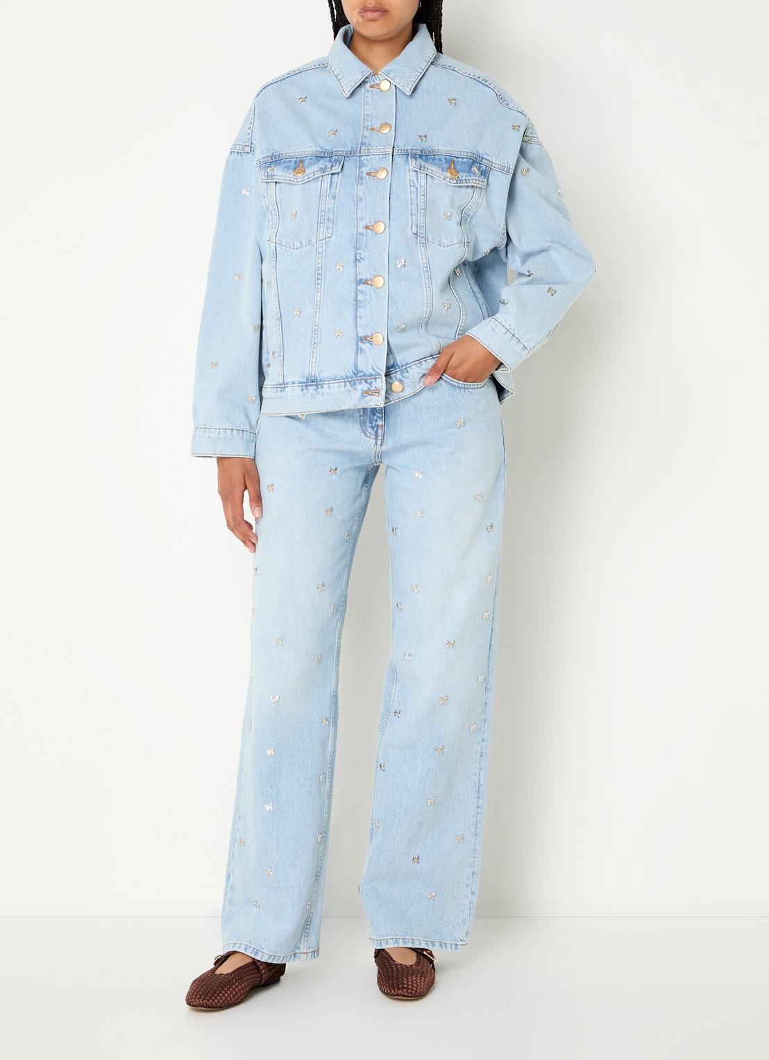 Farm Rio Bows high waist straigt leg jeans met lichte wassing en studs - voorkant 3 indigo
