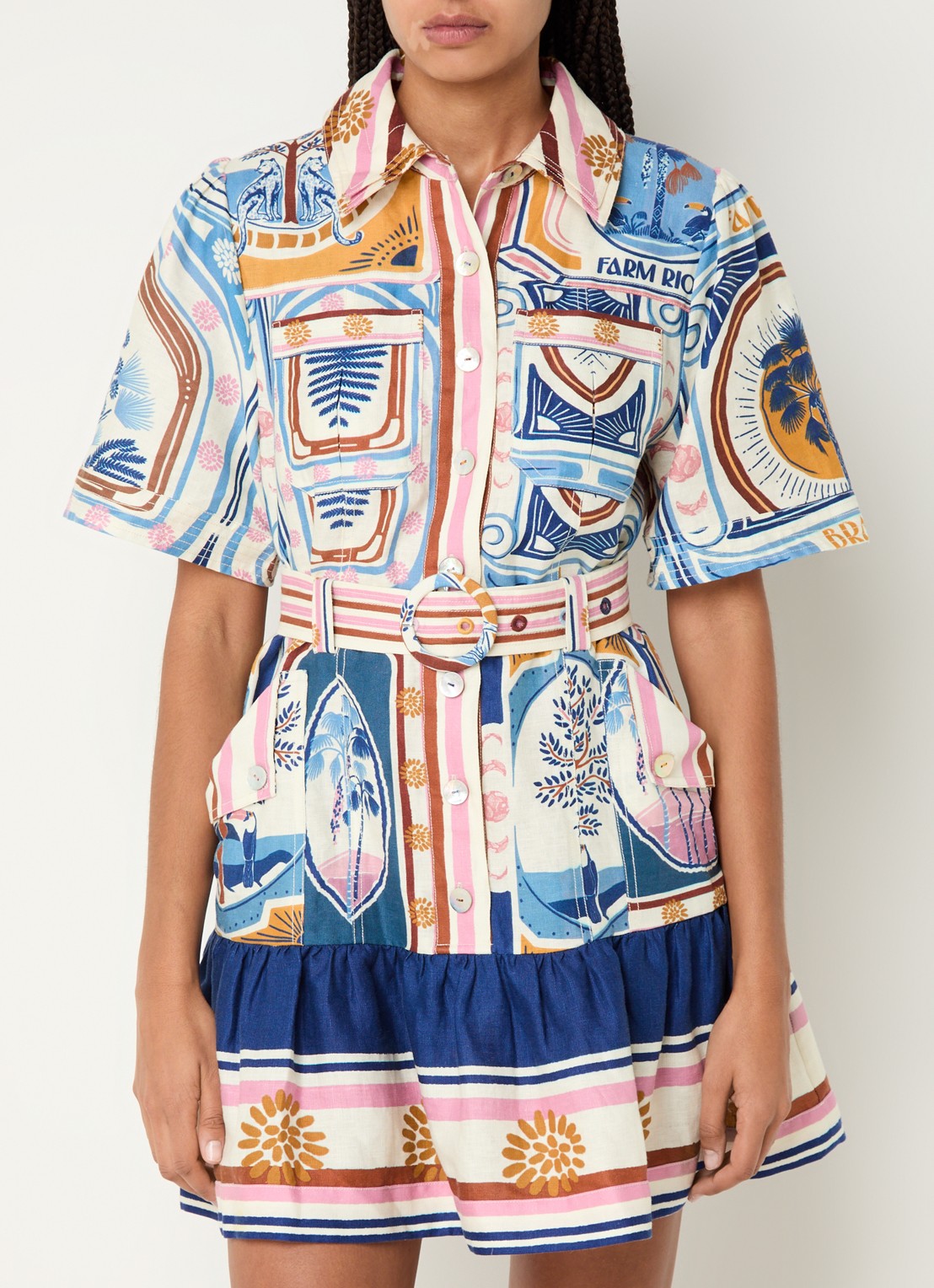 Farm Rio Cerrado mini blousejurk van linnen met ceintuur en borstzakken - detail gebroken wit
