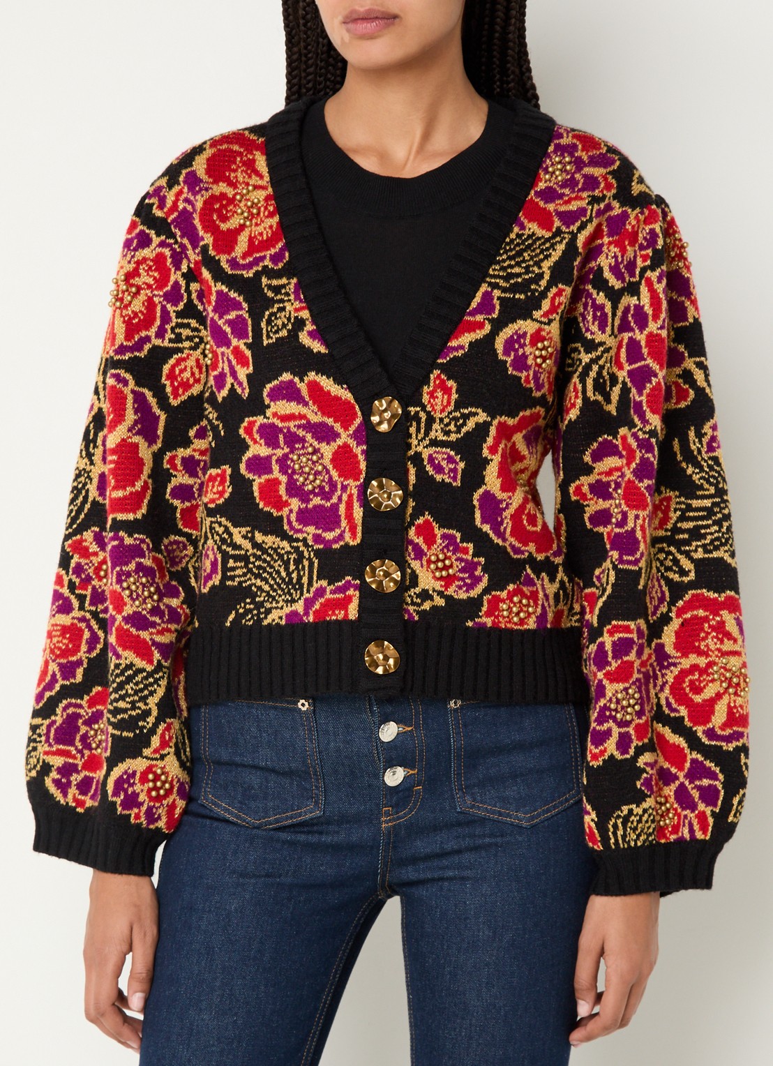 Farm Rio Chita grofgebreid vest in wolblend met bloemenprint en lurex - detail 3 zwart