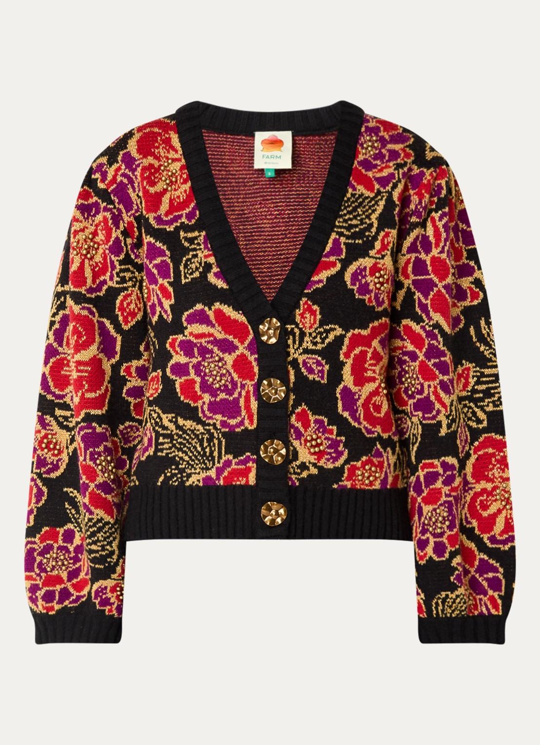 Farm Rio Chita grofgebreid vest in wolblend met bloemenprint en lurex - voorkant zwart
