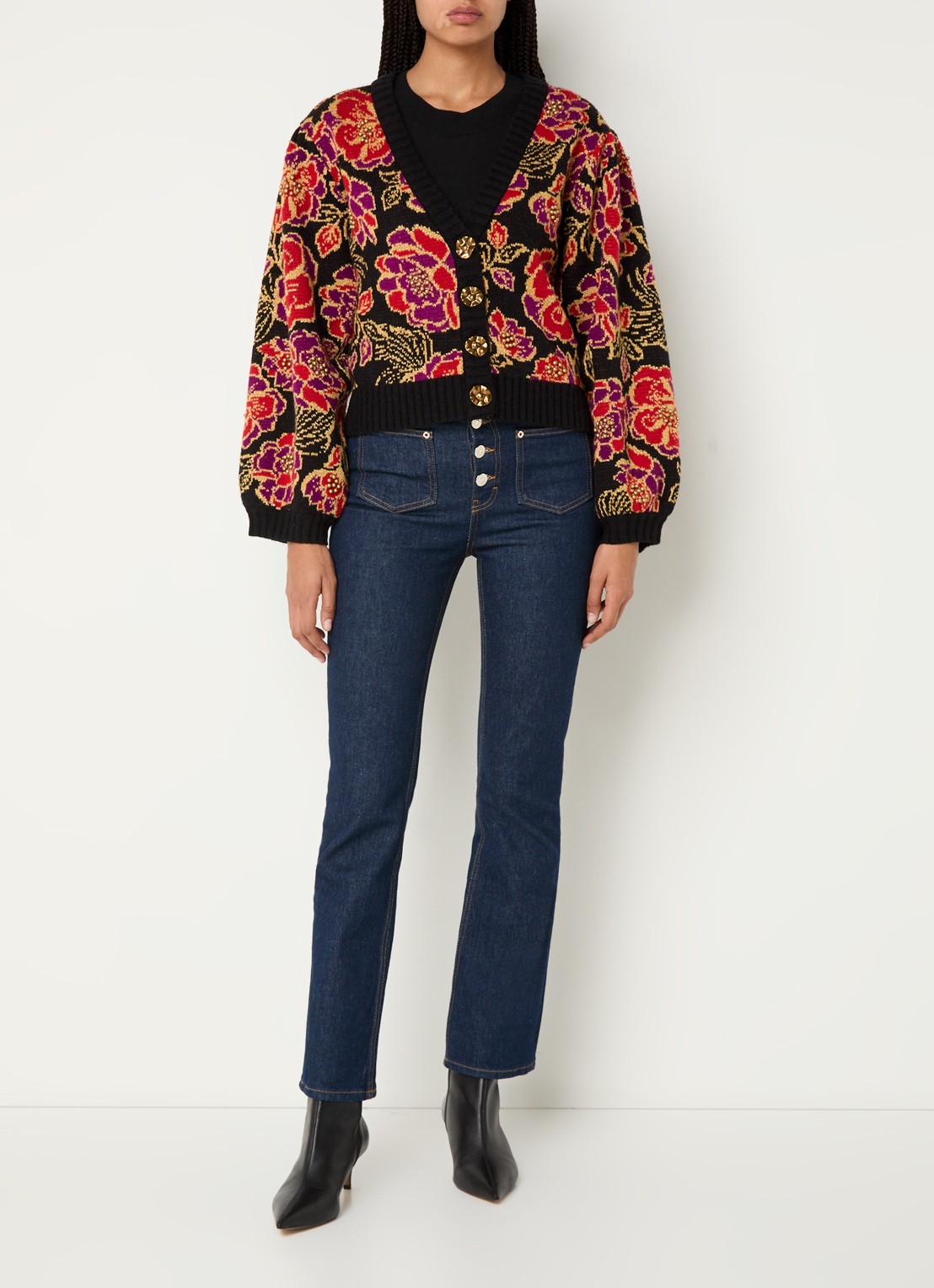Farm Rio Chita grofgebreid vest in wolblend met bloemenprint en lurex - voorkant 2 zwart