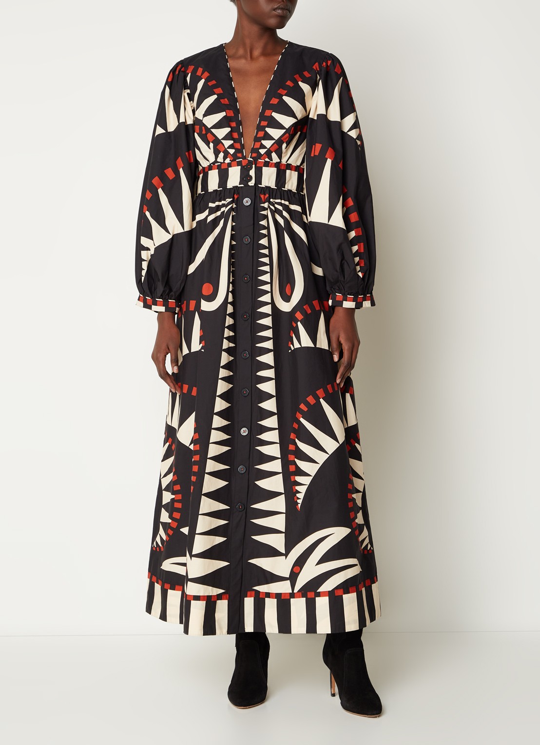 Farm Rio Coconut maxi jurk met bladprint en pofmouw - detail 2 zwart