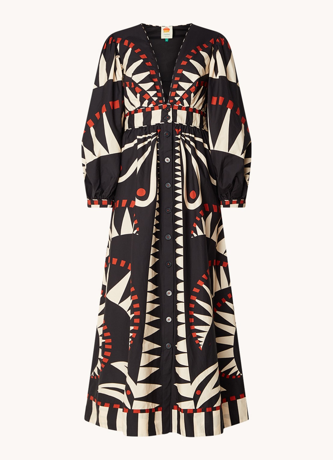 Farm Rio Coconut maxi jurk met bladprint en pofmouw - voorkant 4 zwart