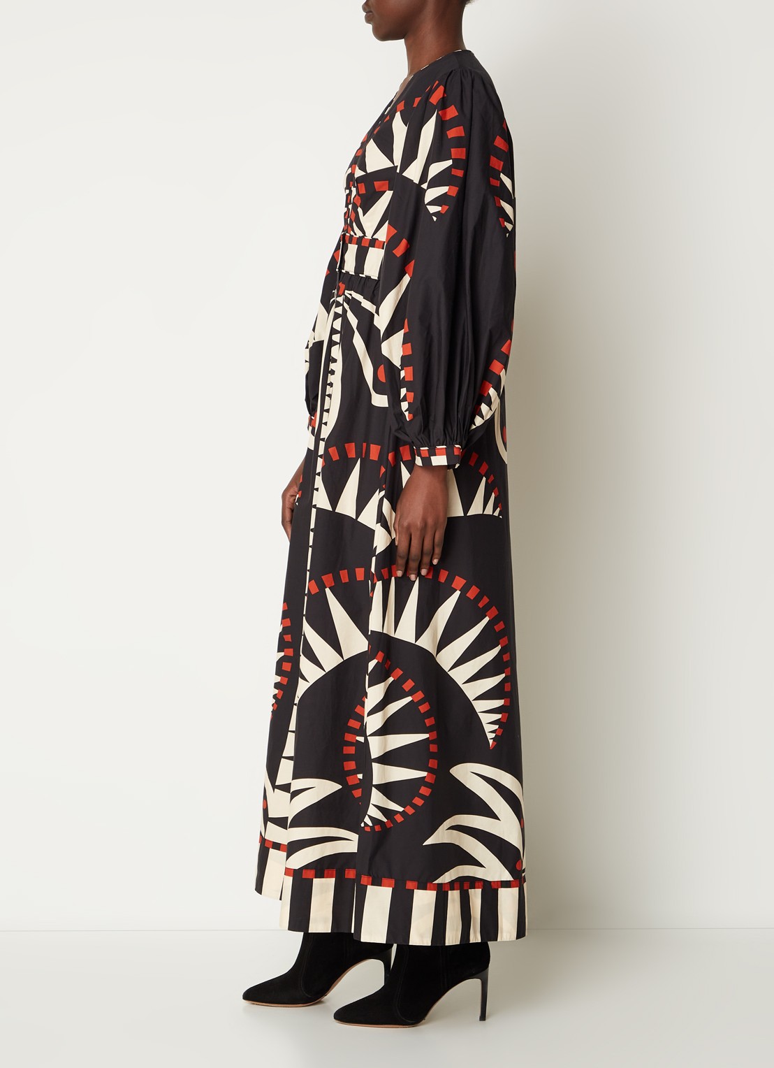 Farm Rio Coconut maxi jurk met bladprint en pofmouw - voorkant 5 zwart