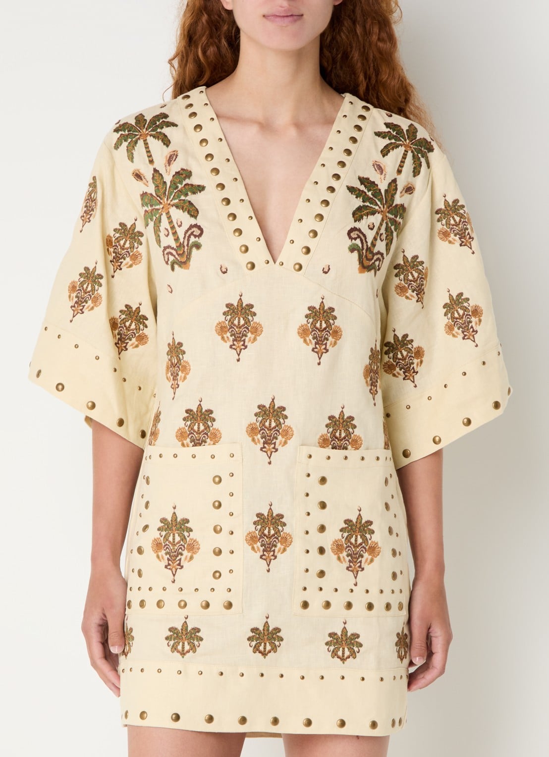 Farm Rio Coconut Tree mini tuniekjurk van linnen met studs - detail 4 creme