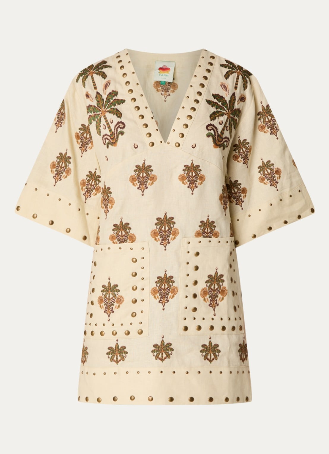 Farm Rio Coconut Tree mini tuniekjurk van linnen met studs - voorkant 2 creme