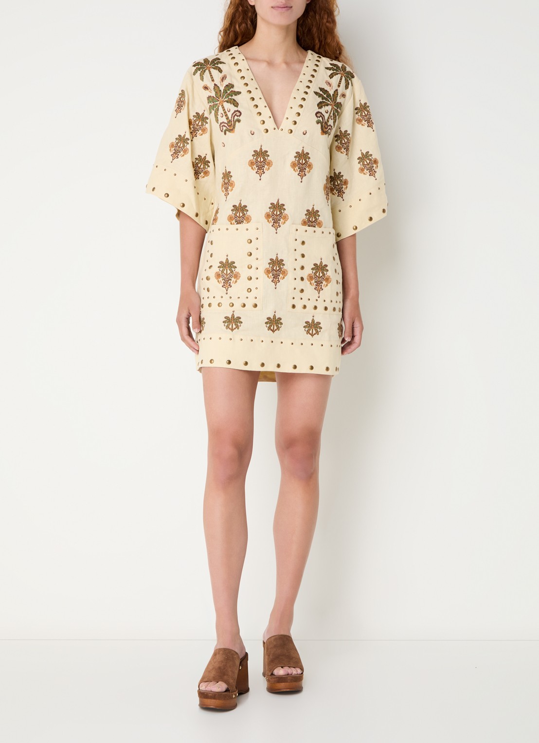 Farm Rio Coconut Tree mini tuniekjurk van linnen met studs - voorkant 3 creme