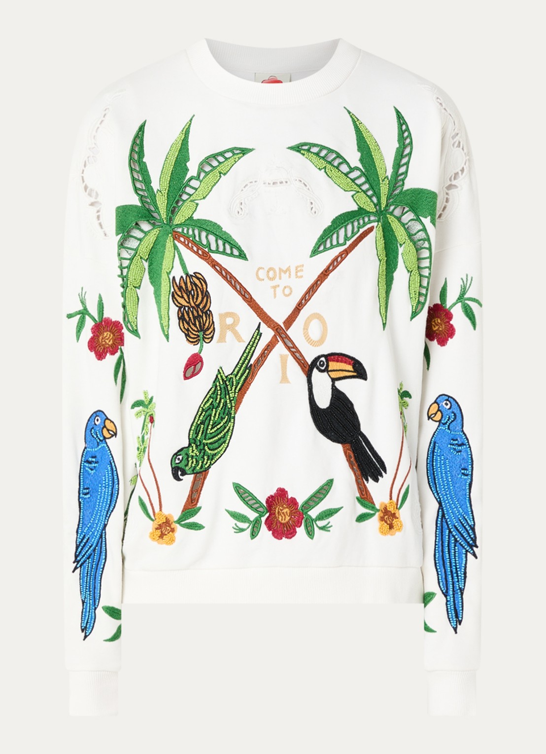 Farm Rio Coconut Trees sweater met opengewerkt dessin en borduring - voorkant gebroken wit