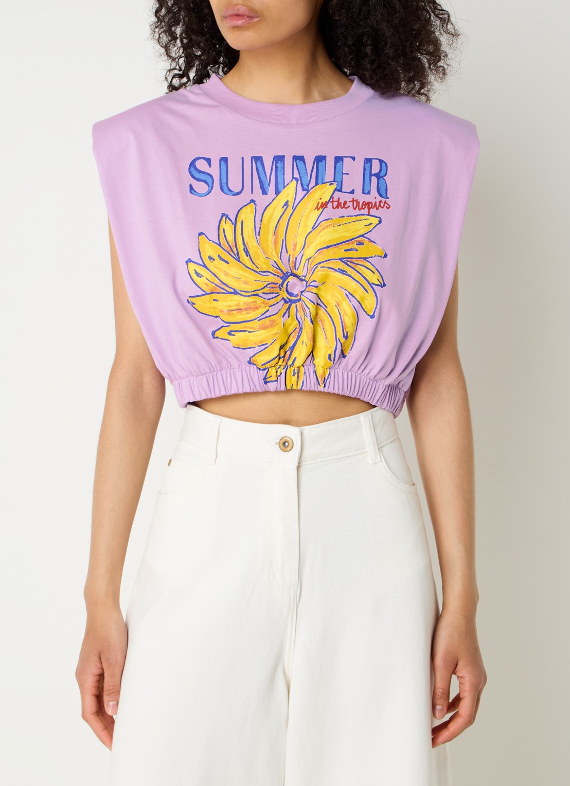 Farm Rio Crop top met print en schoudervulling - detail lila
