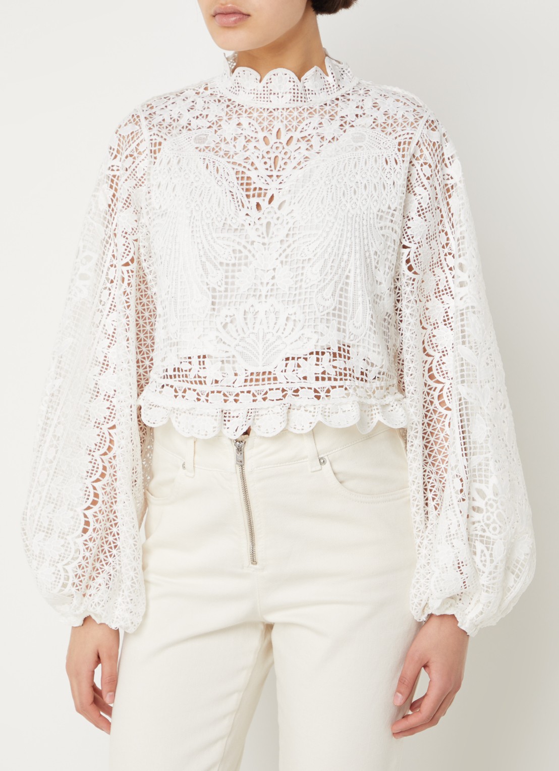 Farm Rio Crop top van broderie met ballonmouw - detail wit
