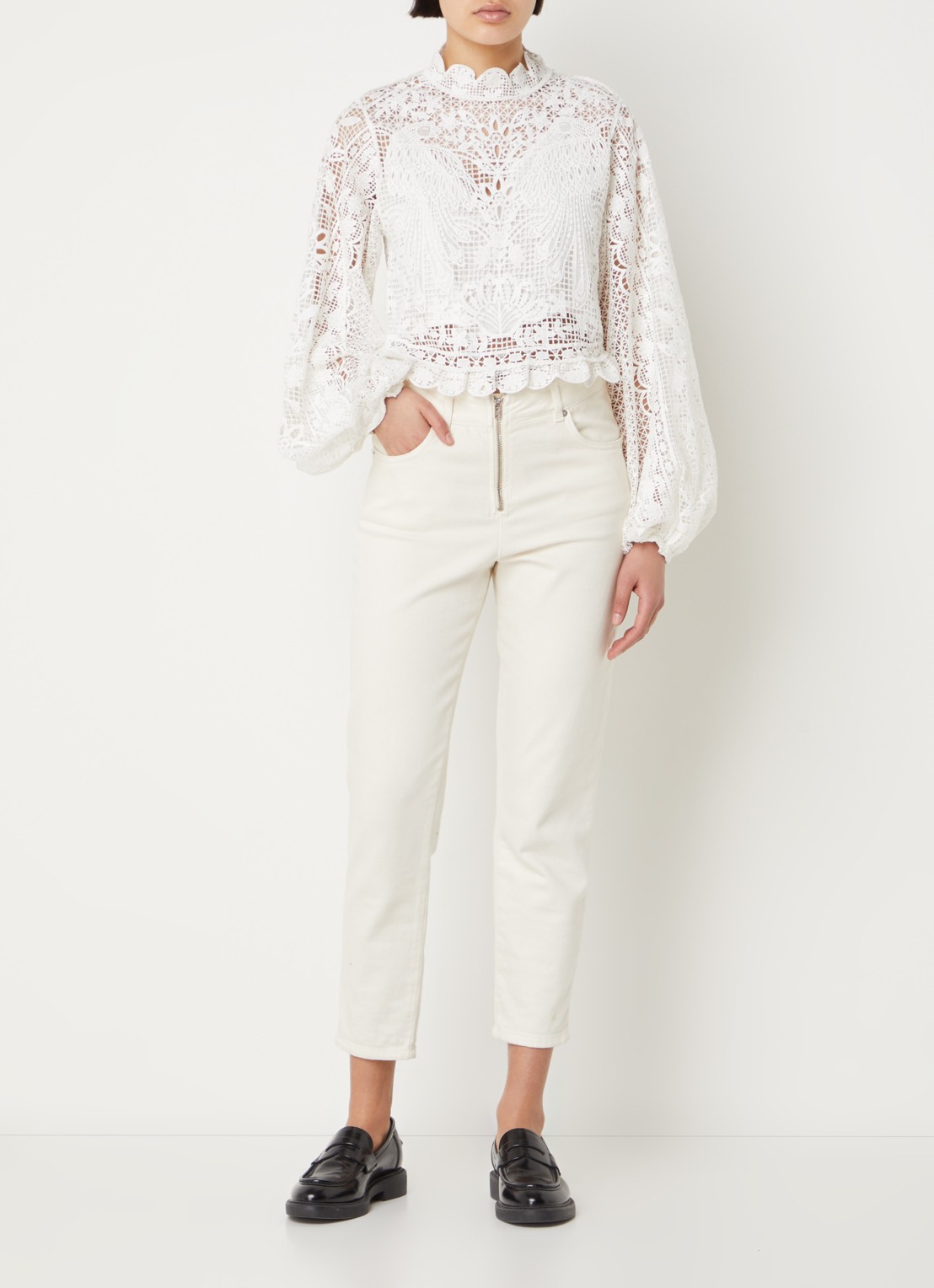 Farm Rio Crop top van broderie met ballonmouw - voorkant 4 wit