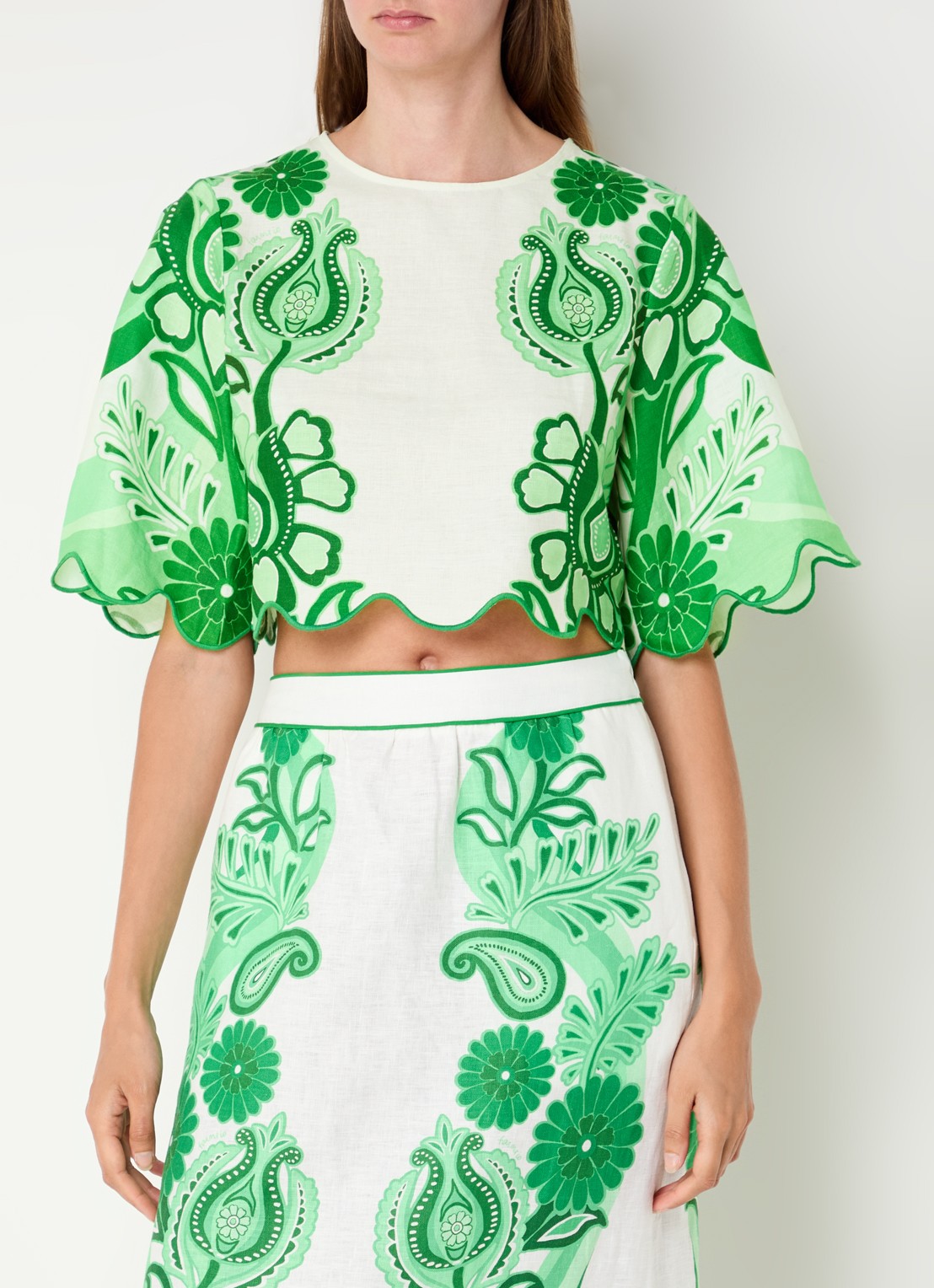 Farm Rio Crop top van linnen met bloemenprint - detail groen