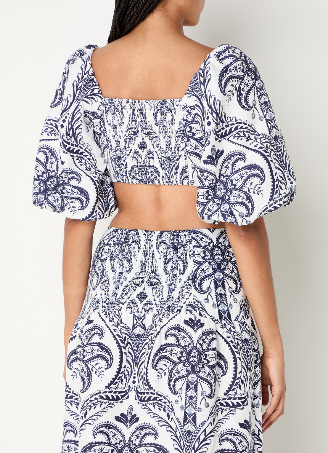 Farm Rio Crop top van linnen met pofmouw en paisley dessin - achterkant 4 donkerblauw