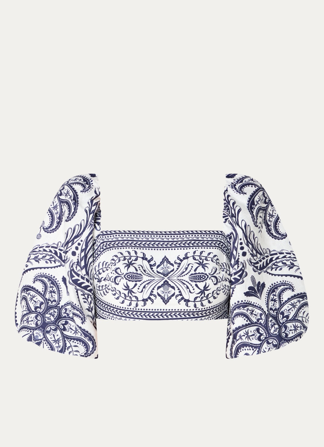 Farm Rio Crop top van linnen met pofmouw en paisley dessin - voorkant donkerblauw