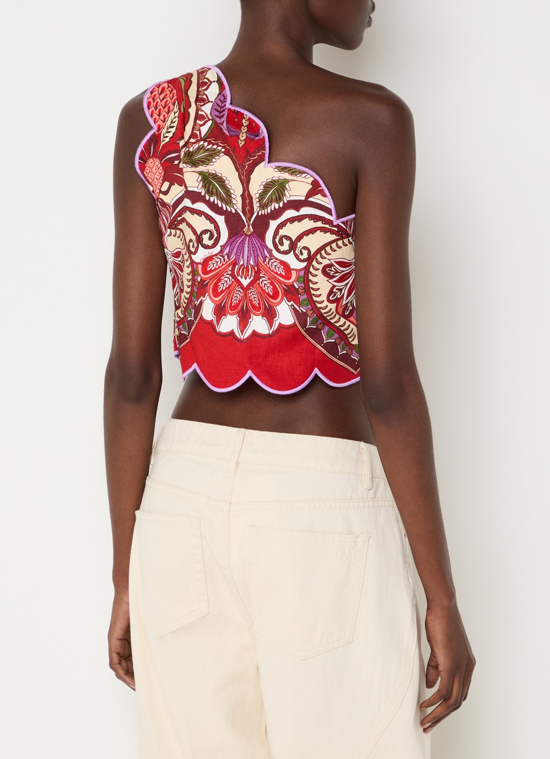 Farm Rio Cropped one shoulder top in linnenblend met print - achterkant rood