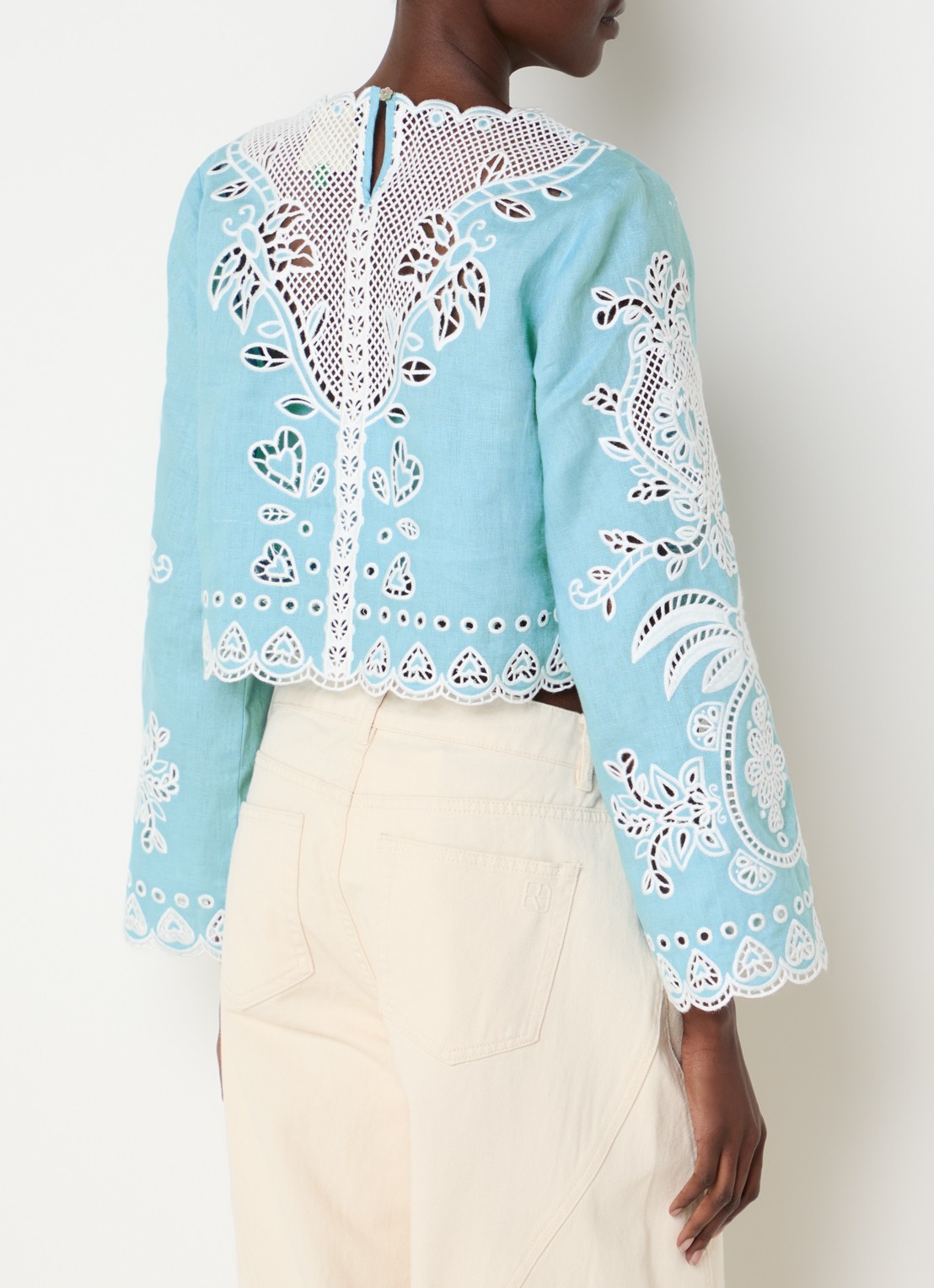 Farm Rio Cropped tuniek van linnen met broderie - achterkant 4 aquablauw