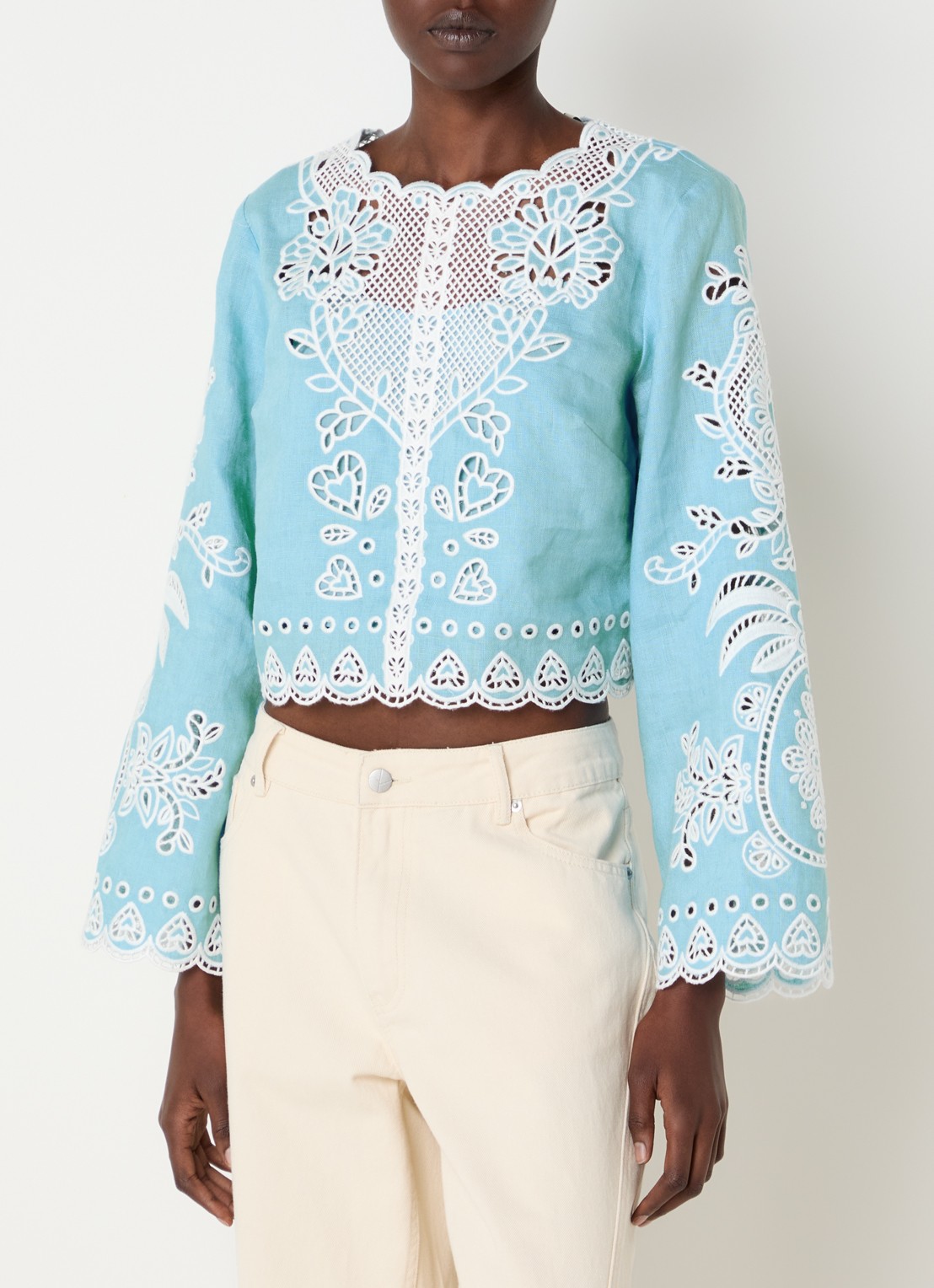 Farm Rio Cropped tuniek van linnen met broderie - detail aquablauw