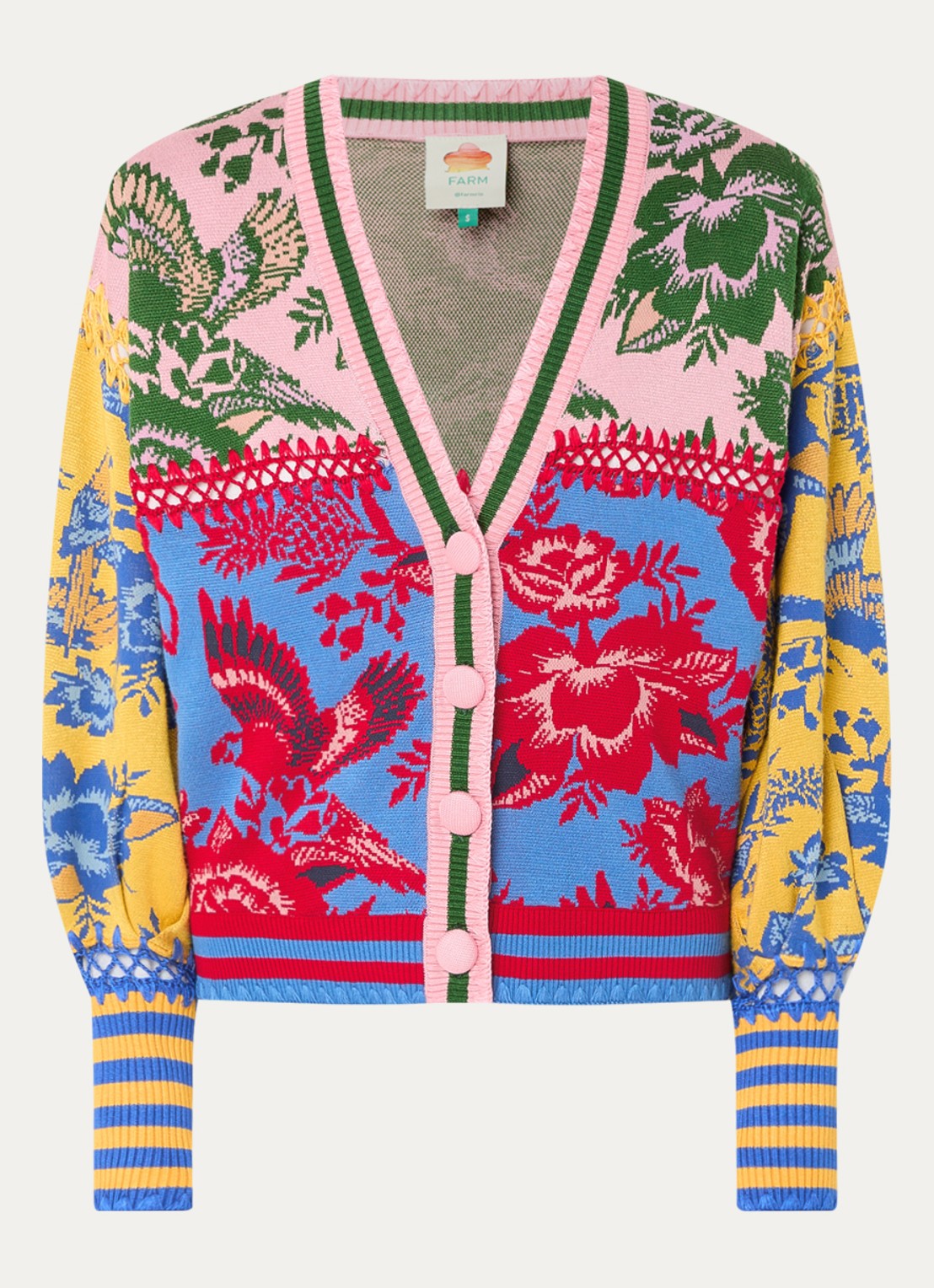 Farm Rio Fijngebreid vest met bloemenprint en opengewerkt detail - voorkant 2 roze