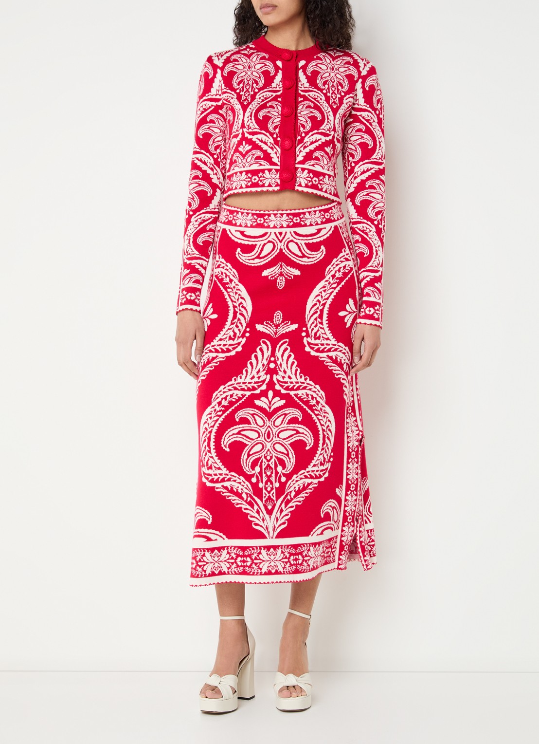 Farm Rio Fijngebreide midi rok met print - voorkant 3 rood