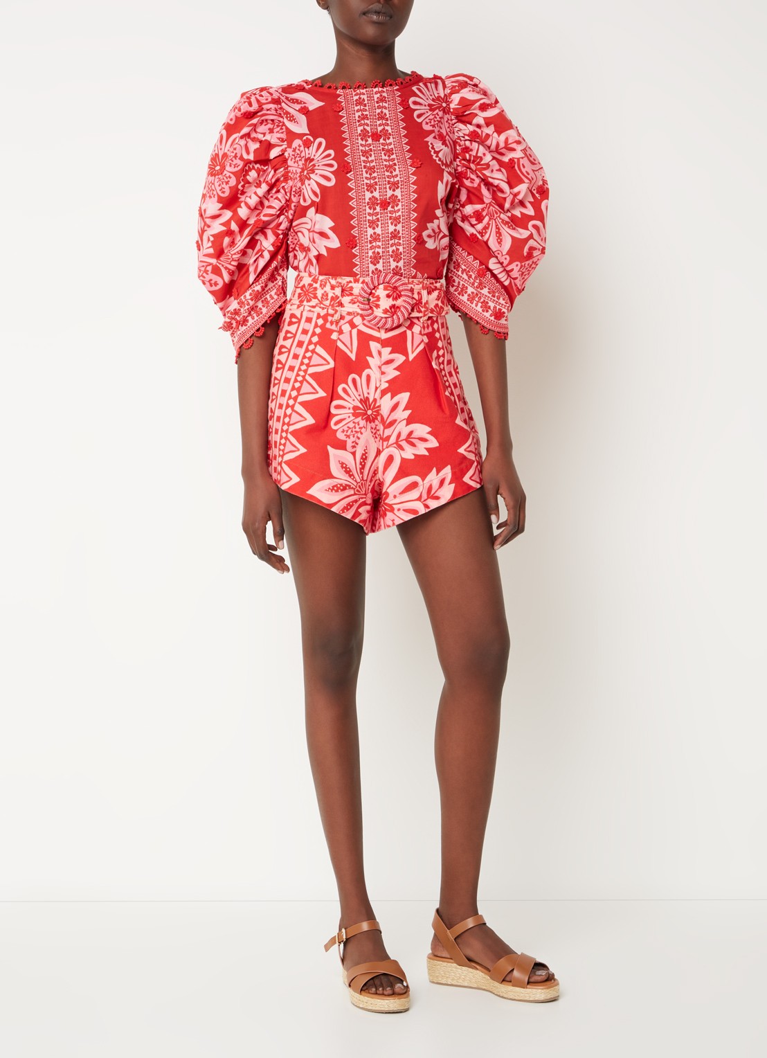 Farm Rio Flora tuniek met print en pofmouw - voorkant 3 koraalrood