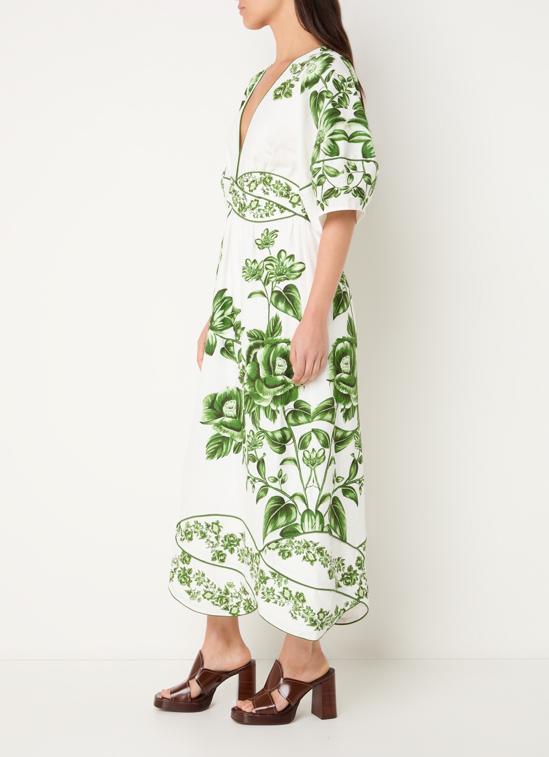 Farm Rio Floral Cascade midi jurk in linnenblend met bloemenprint - voorkant 2 gebroken wit