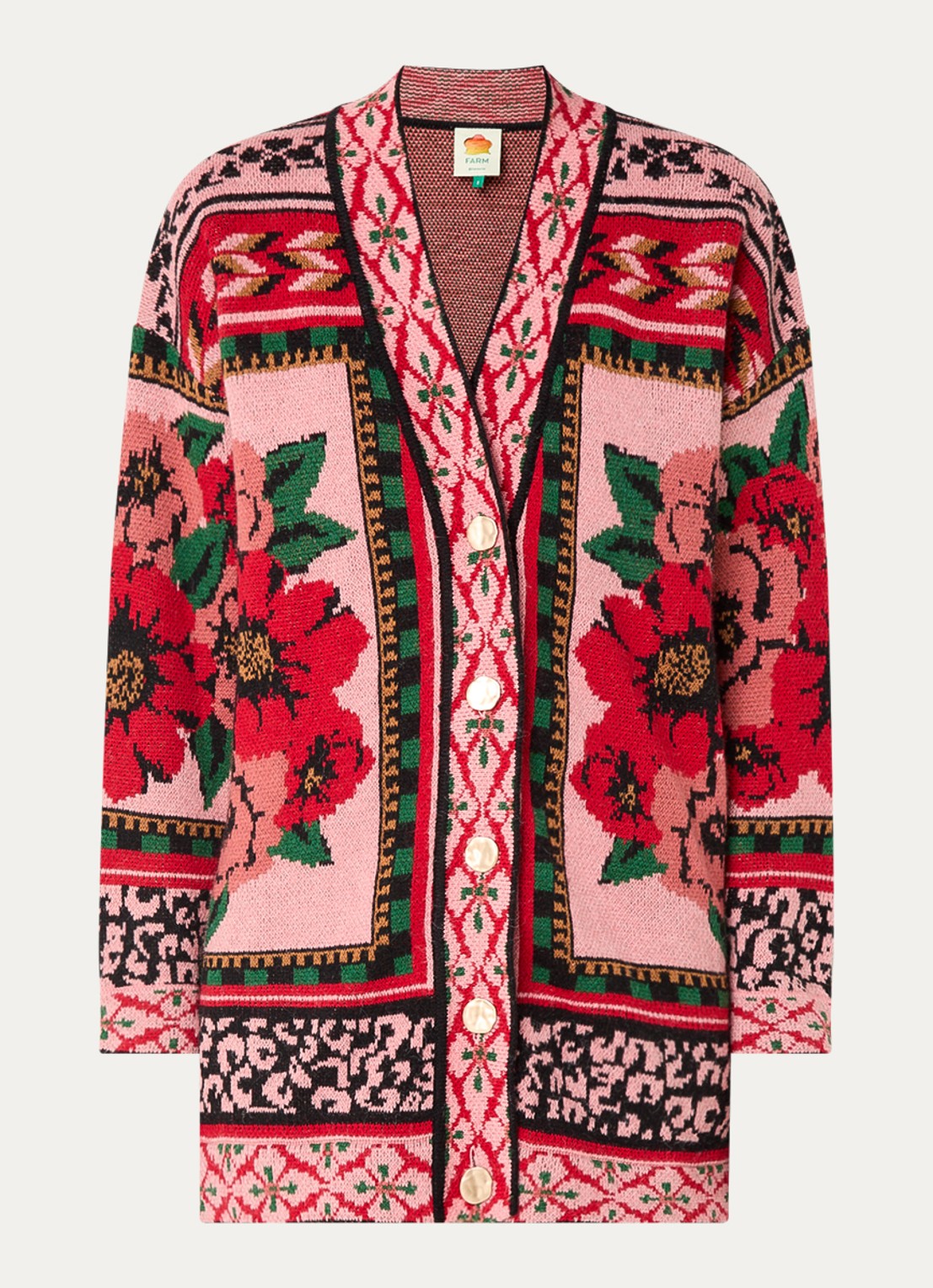 Farm Rio Flower fijngebreid vest in wolblend met bloemenprint - voorkant 2 roze