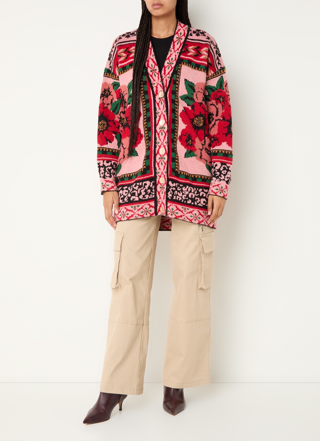 Farm Rio Flower fijngebreid vest in wolblend met bloemenprint - voorkant 3 roze