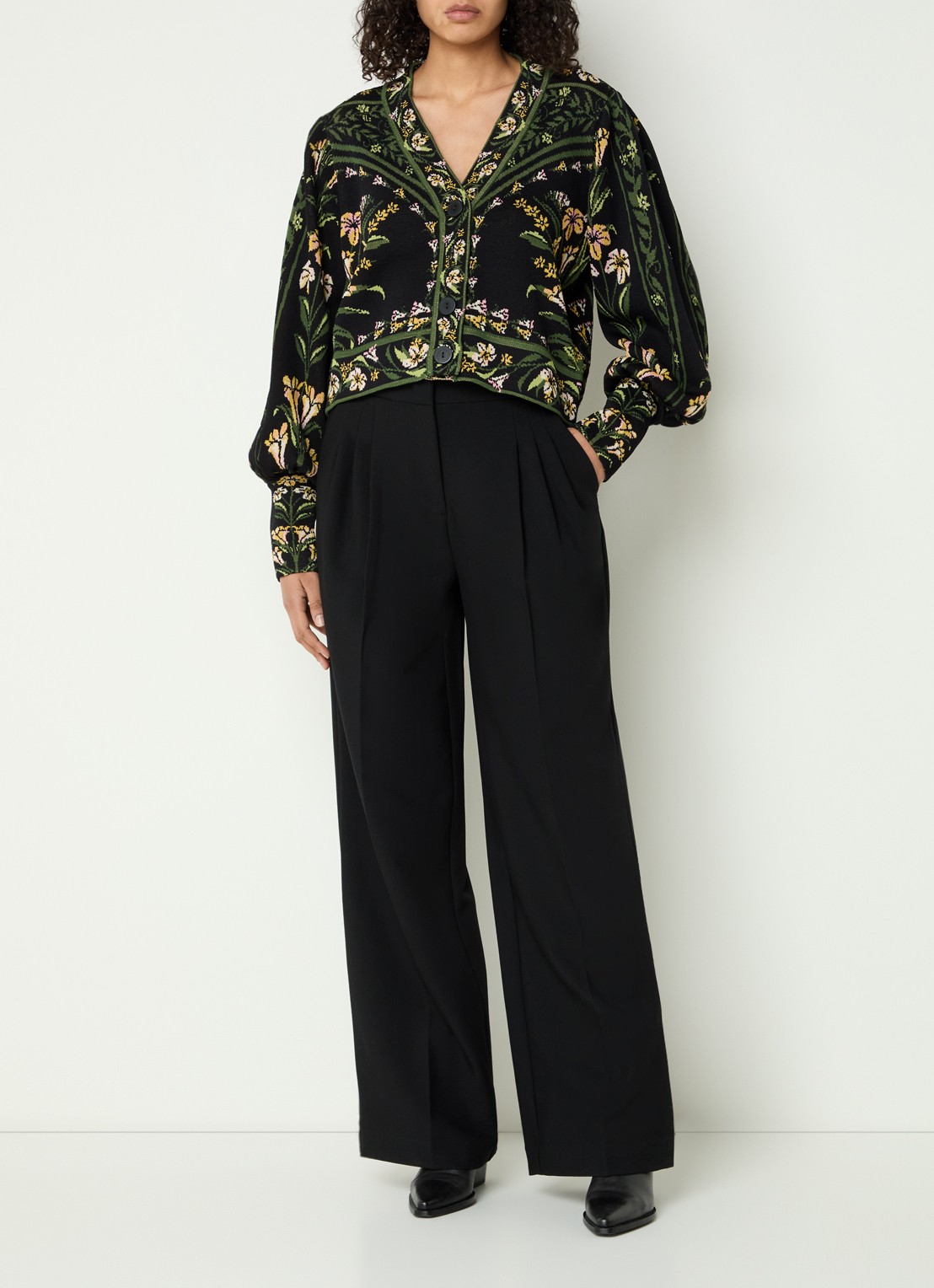 Farm Rio Flowers Arch fijngebreid vest met bloemenprint - voorkant 2 legergroen