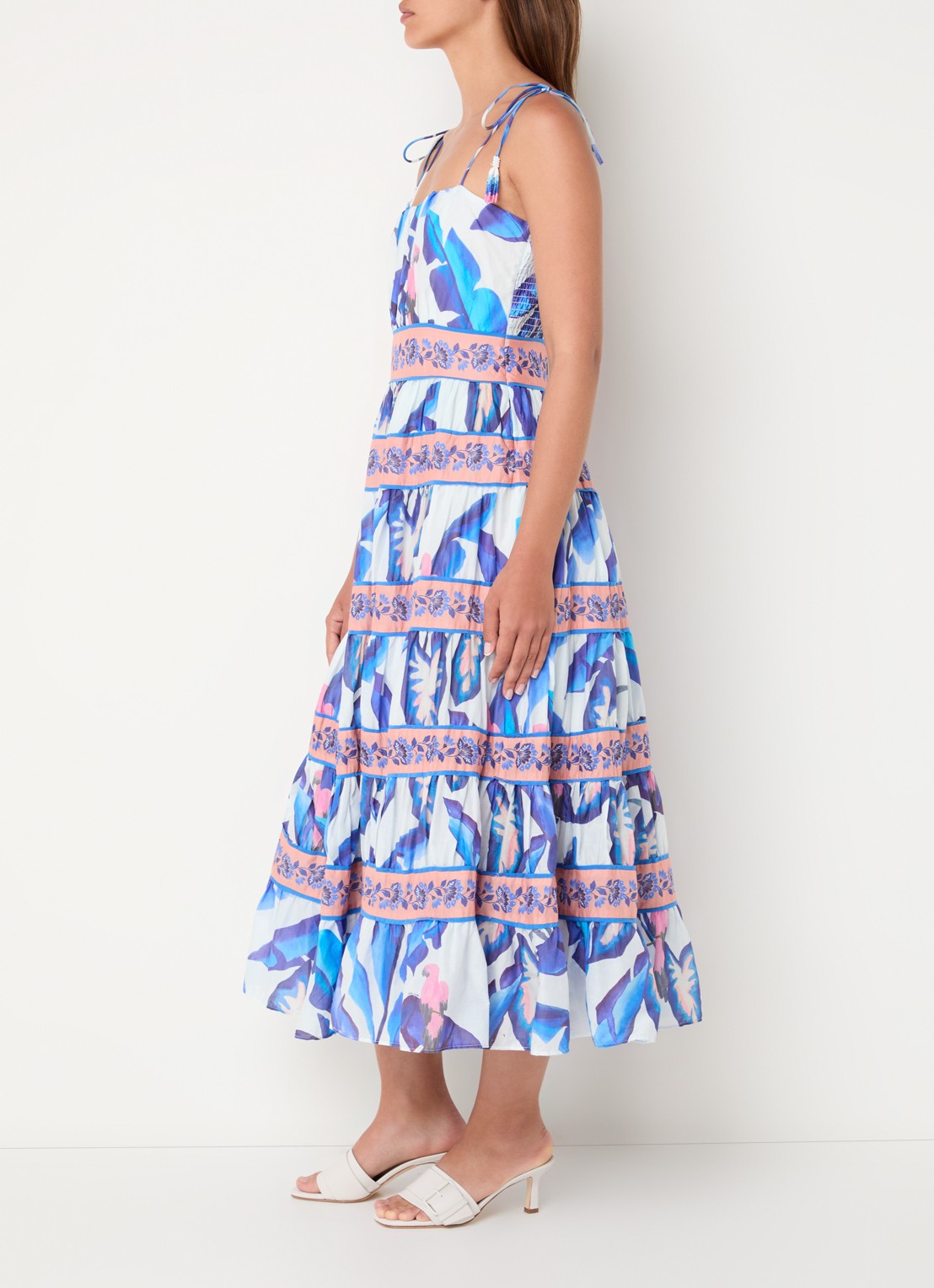 Farm Rio Foliage midi jurk met print en volant - voorkant 3 blauw