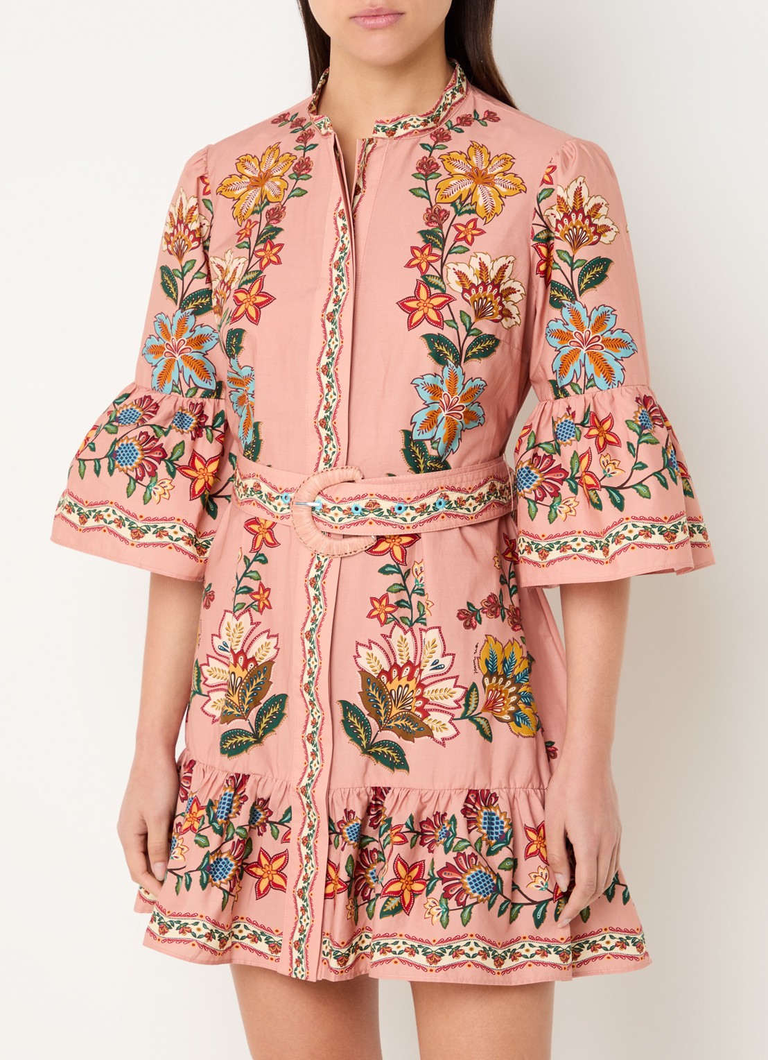 Farm Rio Garden Delight mini jurk met bloemenprint en ceintuur - detail oudroze