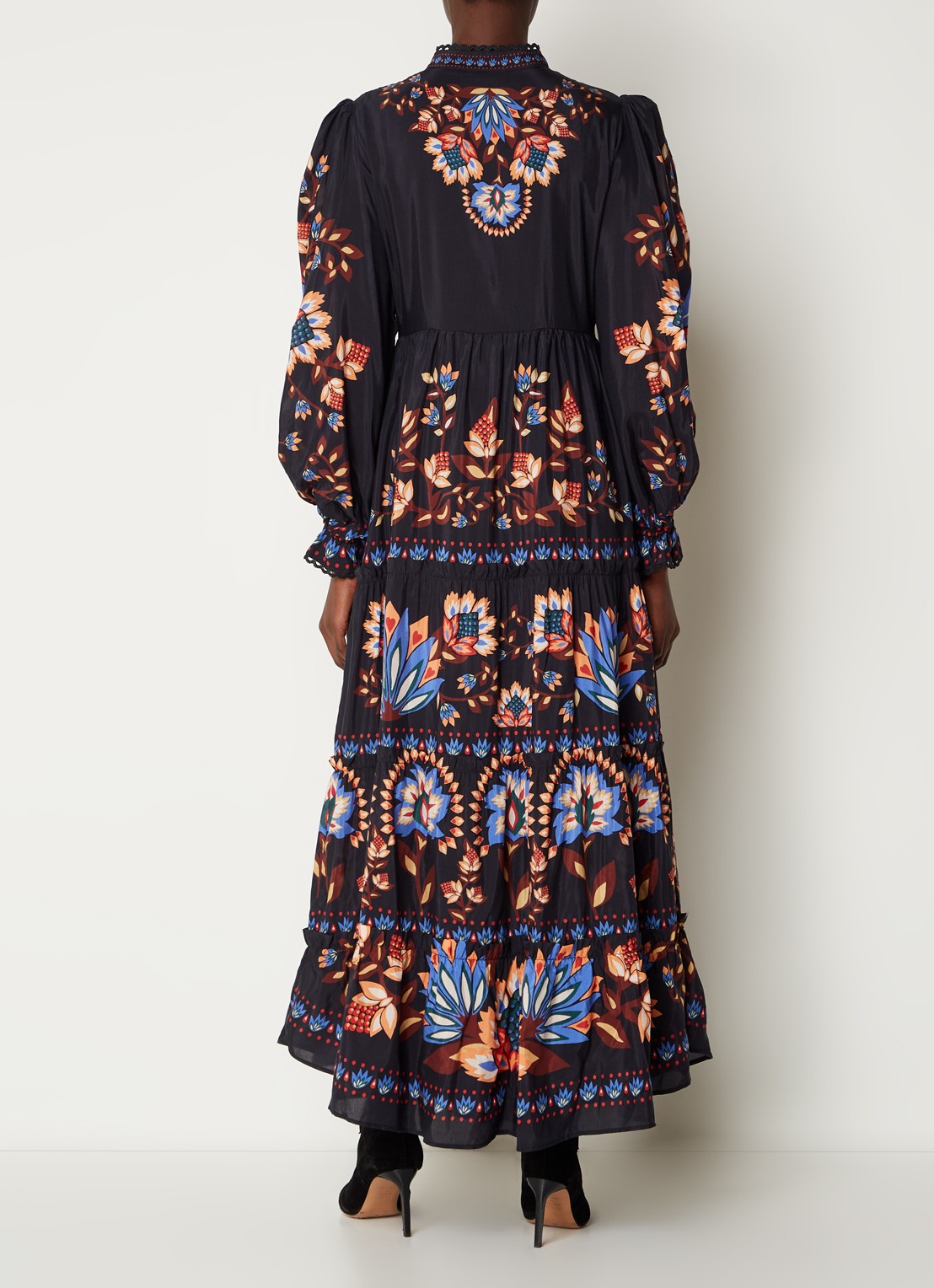 Farm Rio Garden maxi blousejurk met pofmouw en bloemenprint - achterkant zwart