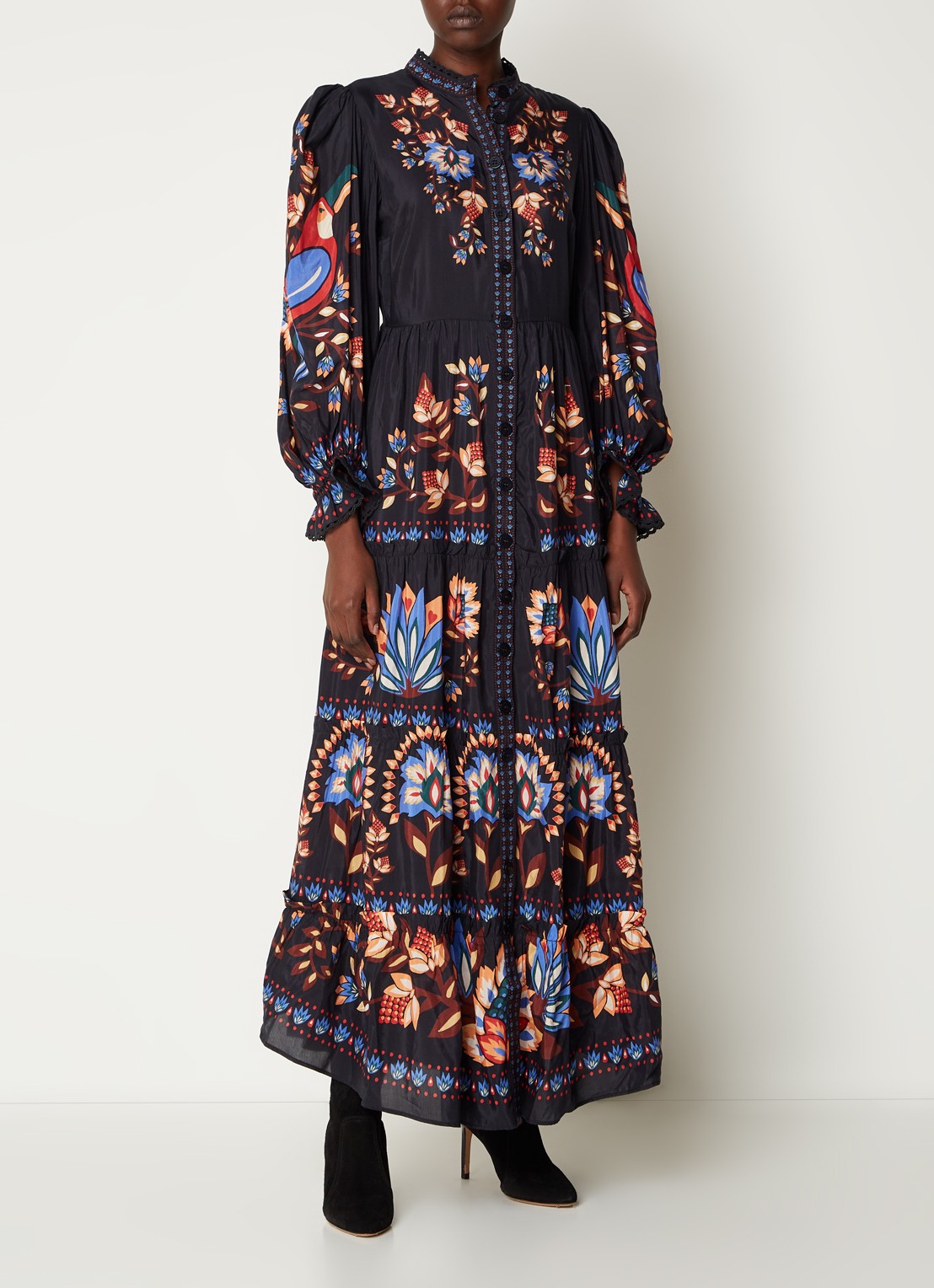 Farm Rio Garden maxi blousejurk met pofmouw en bloemenprint - detail 4 zwart