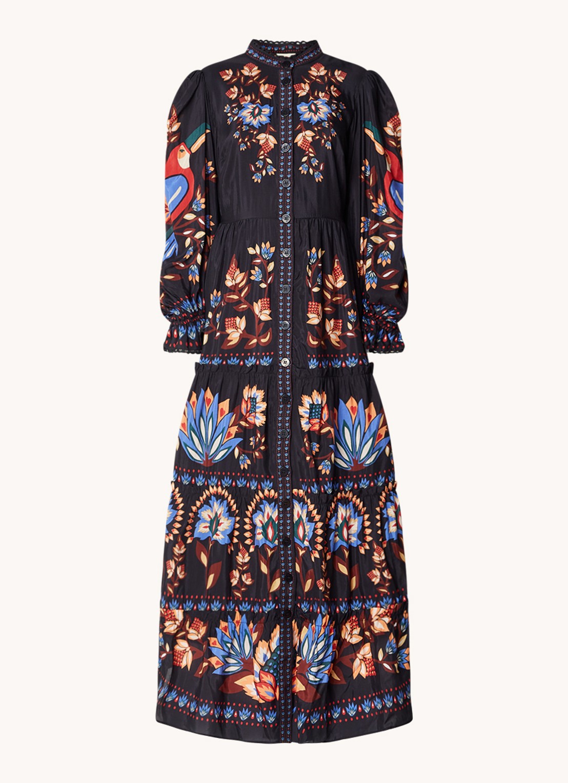 Farm Rio Garden maxi blousejurk met pofmouw en bloemenprint - voorkant 2 zwart