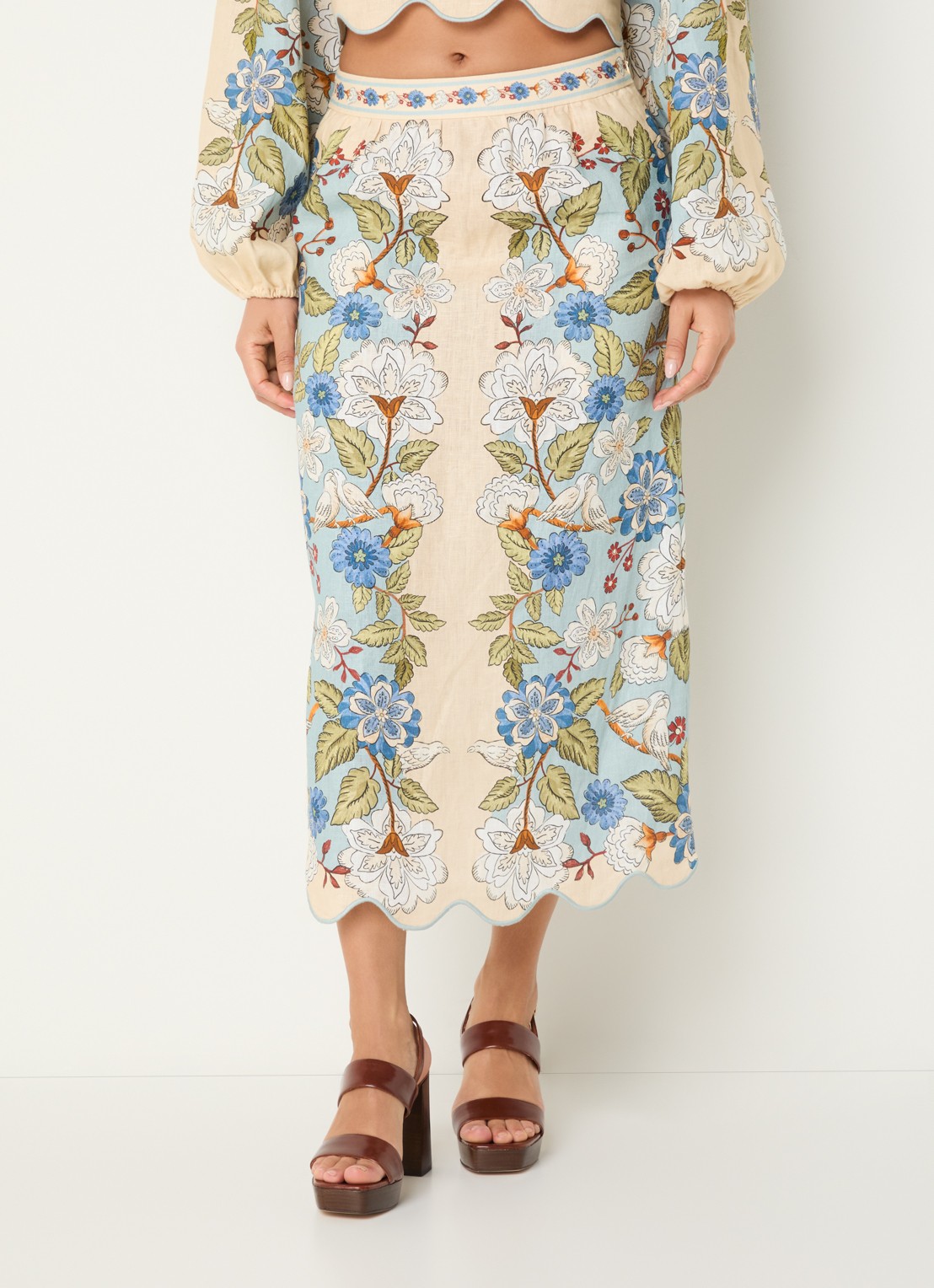 Farm Rio Garden midi rok van linnen met print - detail vanillegeel