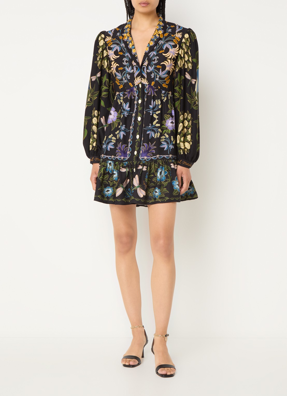 Farm Rio Garden mini blousejurk met bloemenprint - voorkant 3 zwart
