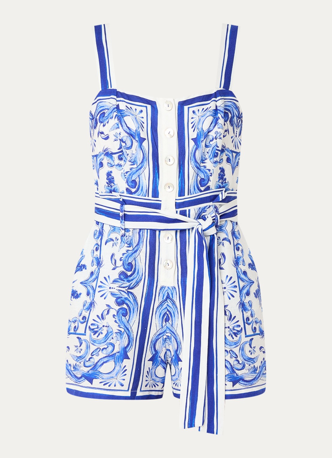 Farm Rio Garden Tiles straight fit playsuit met strikceintuur - voorkant 2 blauw