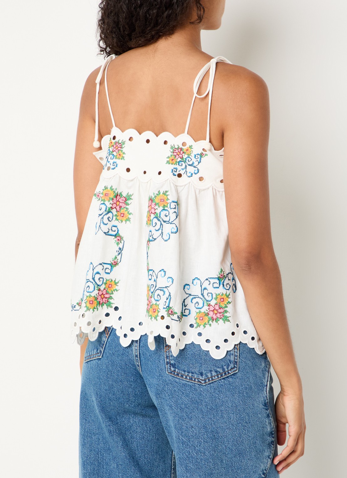 Farm Rio Grandma's Treasure top in linnenblend met bloemenborduring - achterkant gebroken wit