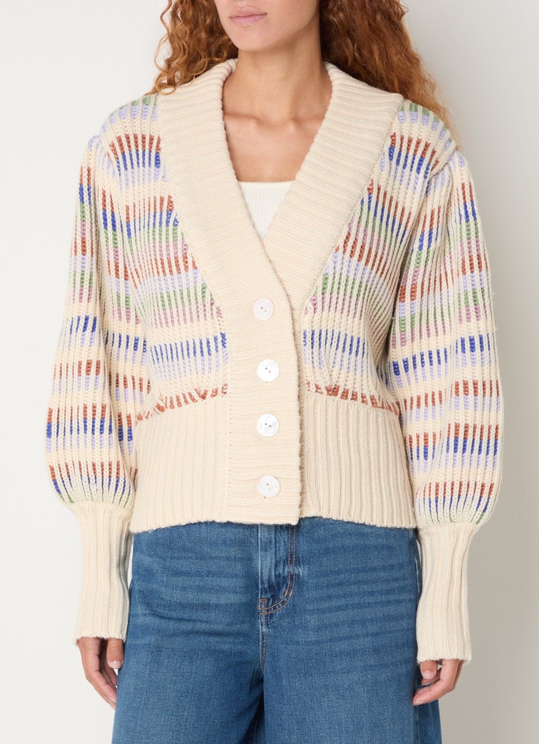 Farm Rio Grofgebreid vest met ingebreid patroon en ballonmouw - detail 2 creme