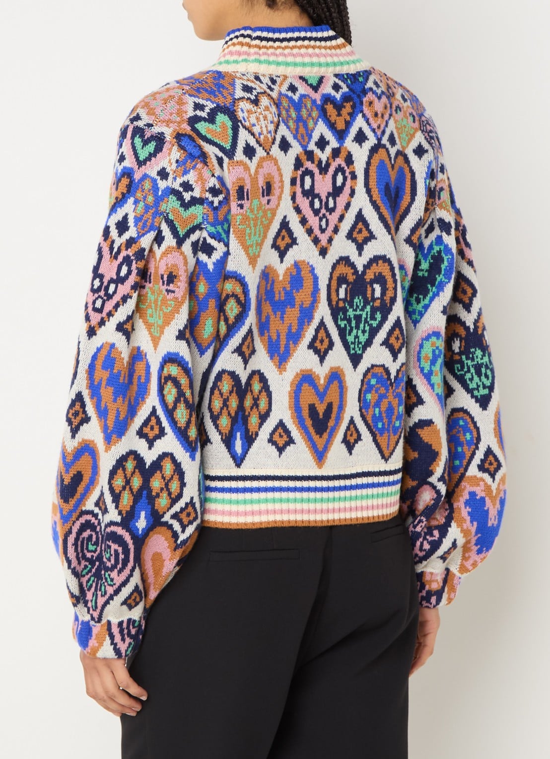 Farm Rio Hearts fijngebreide trui in merino wolblend met ingebreid patroon - achterkant creme