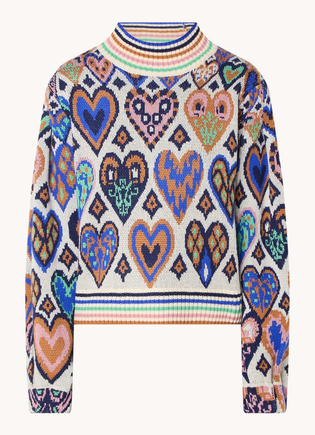 Farm Rio Hearts fijngebreide trui in merino wolblend met ingebreid patroon - voorkant 2 creme