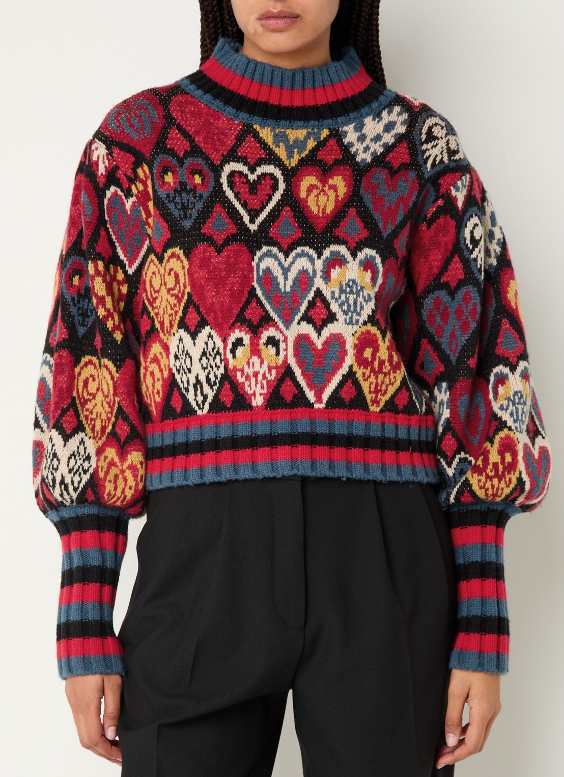 Farm Rio Hearts Ikat grofgebreide trui in wolblend met ingbereid patroon - detail 3 rood