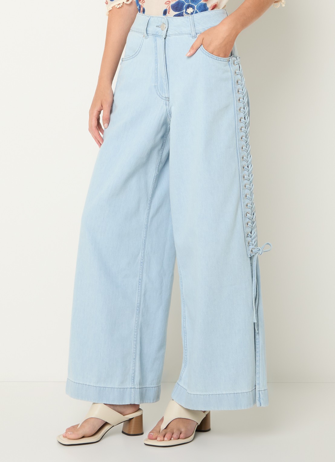 Farm Rio High waist wide fit jeans met lichte wassing - detail indigo