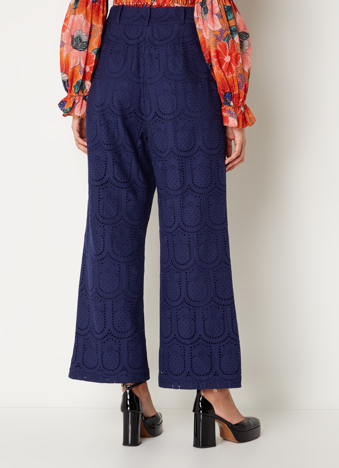 Farm Rio High waist wide fit pantalon met broderie en steekzakken - achterkant 5 donkerblauw