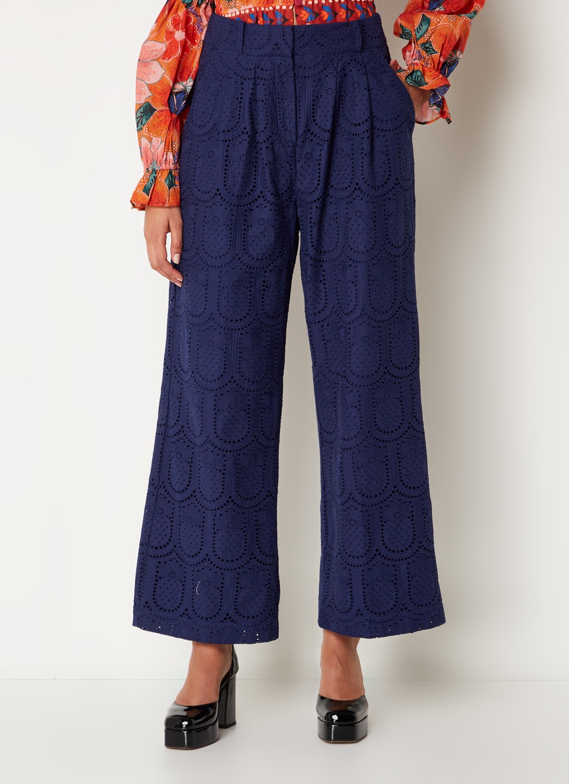 Farm Rio High waist wide fit pantalon met broderie en steekzakken - detail 3 donkerblauw