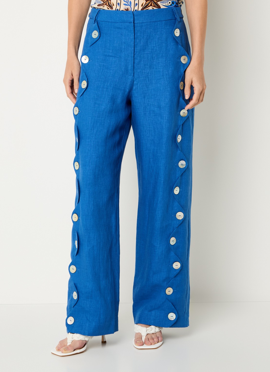 Farm Rio High waist wide fit pantalon van linnen - detail 4 blauw
